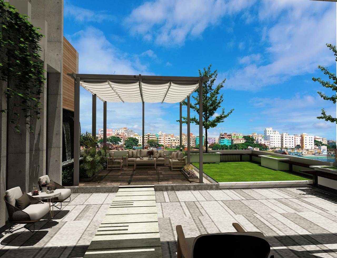 Penthouse for Sumon Saha - rooftop lounge with pergola, Narayanganj skyline