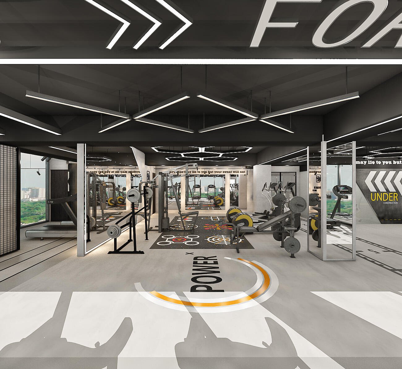 Jon's Fitness Hub reception area interior design Dhaka by MARK D STUDIO — rusted metal wall and geometric white counter